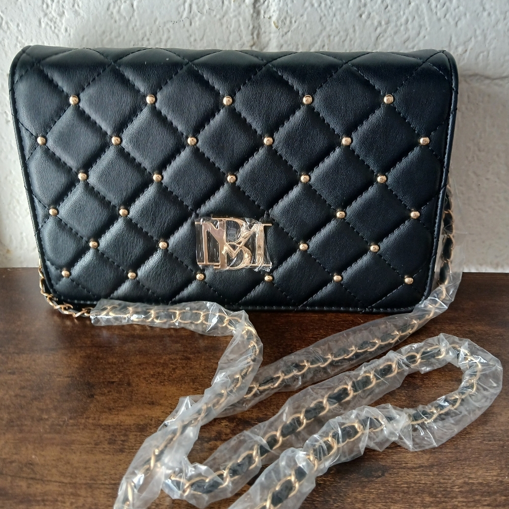 New Badgley Mischka Black Quilted Clutch with Gold Studs